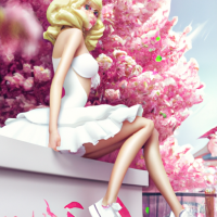 photo of a gorgeous blonde female in the style of stefan kostic, realistic, half body shot, sharp focus, 8 k high definition, insanely detailed, intricate, elegant, art by stanley lau and artgerm, extreme blur cherry blossoms background realistic photo of a gorgeous woman wearing a short white wedding dress, pink sneakers, sitting on edge of a fountain, fine silk, lace, high exposure, elegant, beautiful face, high contrast, high exposure, realistic detailed face, beautiful, hyperrealism, highly detailed face, highly detailed, smooth, sharp focus, depth of field, shot on Canon Camera, 8k